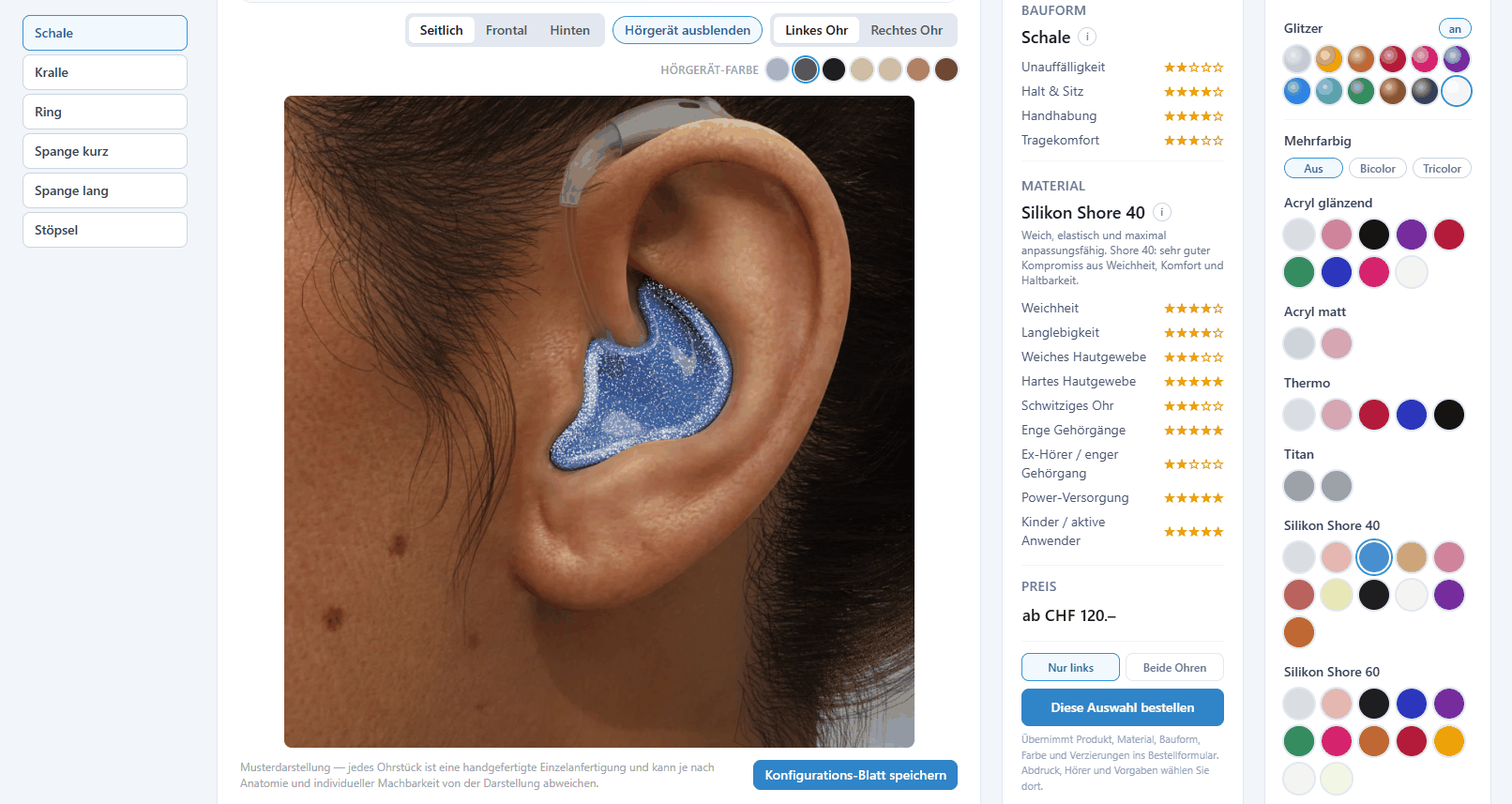 Der Produktkonfigurator: Bauform, Material und Farbe am Ohr